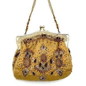 Christiana 100% Silk Gold Beaded Mini Handbag Made in India EUC